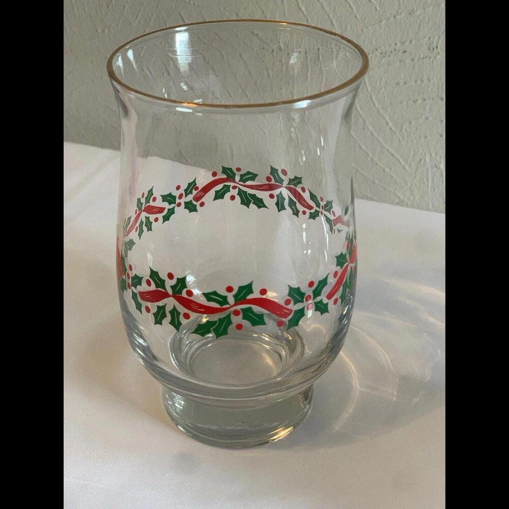 Vtg Set of 4 Libbey Holly Berry Gold Rim Christmas Tulip Glasses